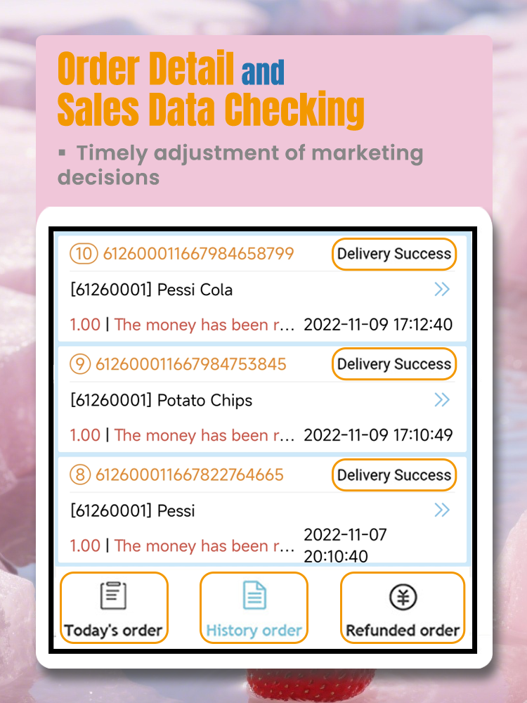 Strawberry locker vending machine order detail and sales data checking