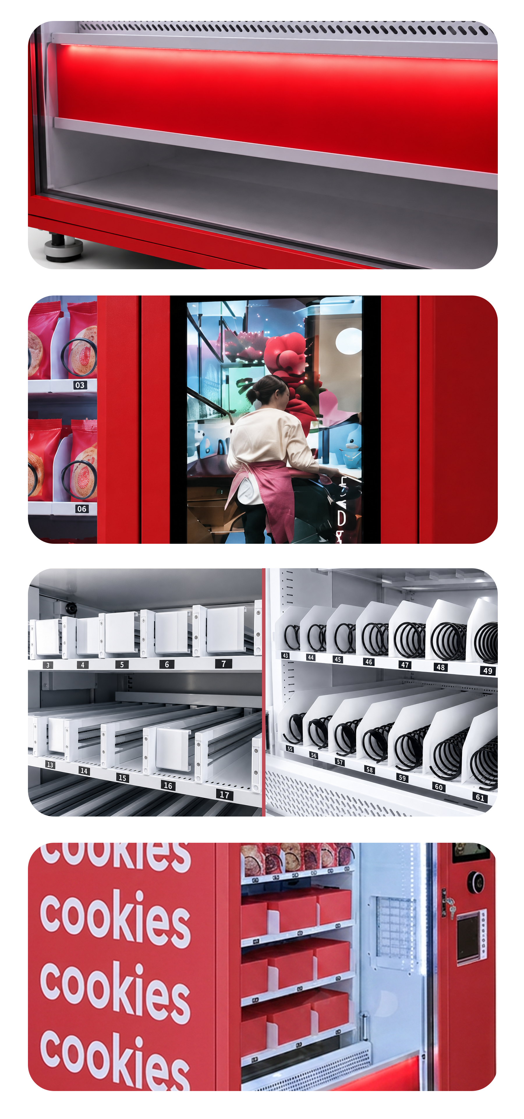 Smart cookie vending machine detail collage showing LED lighting, touchscreen advertising display, empty product lanes, spiral dispensing channels, red branded cabinet panels, and interior shelf structure for automated cookie retail.