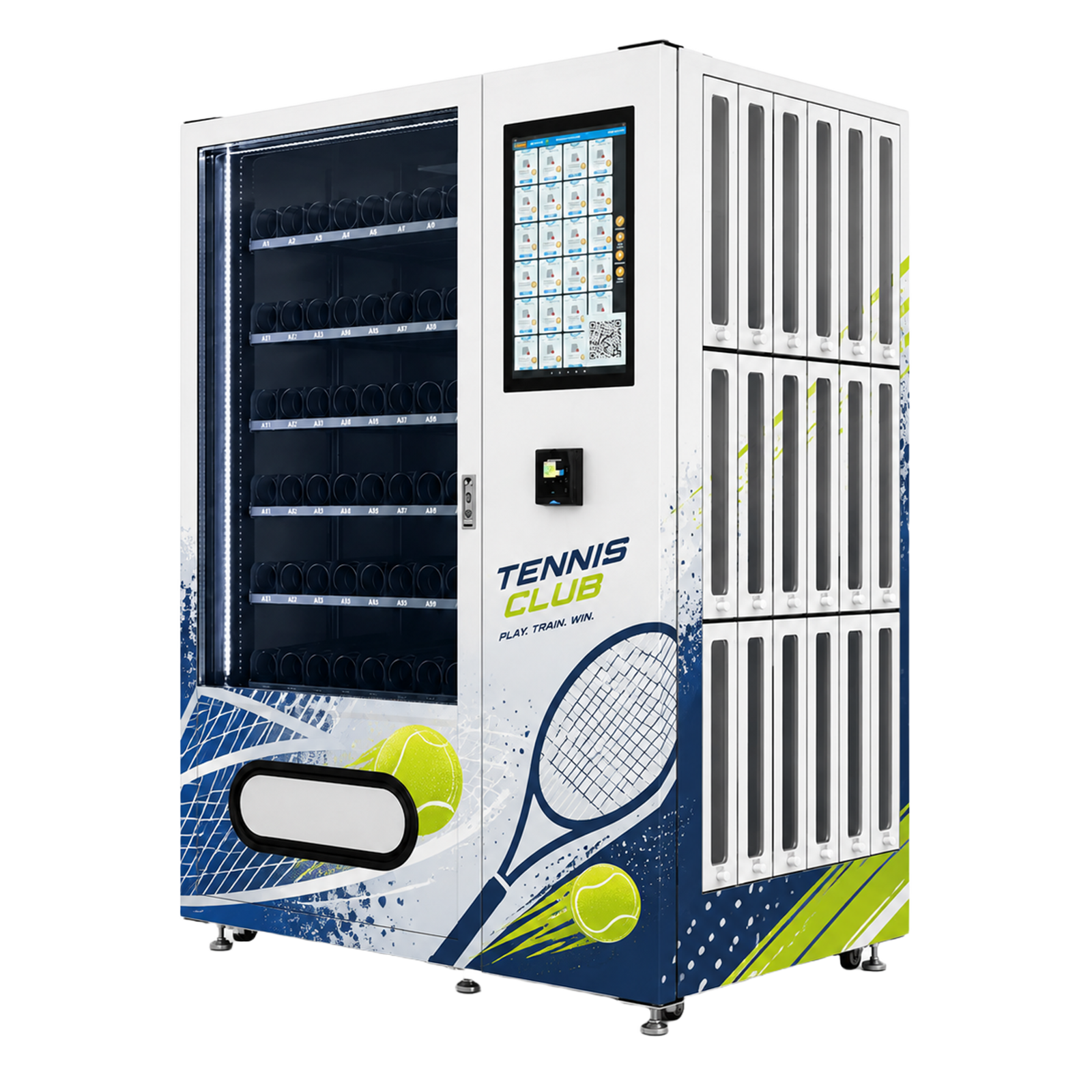 Custom tennis-themed exterior wrap for a 2-in-1 vending and racket rental machine