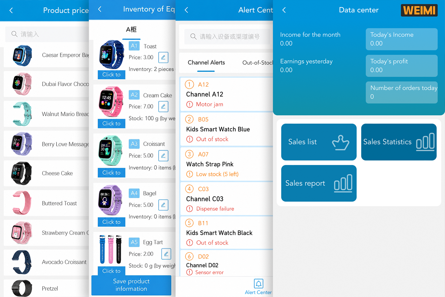 Remote cloud management dashboard for watch sales, inventory and machine status