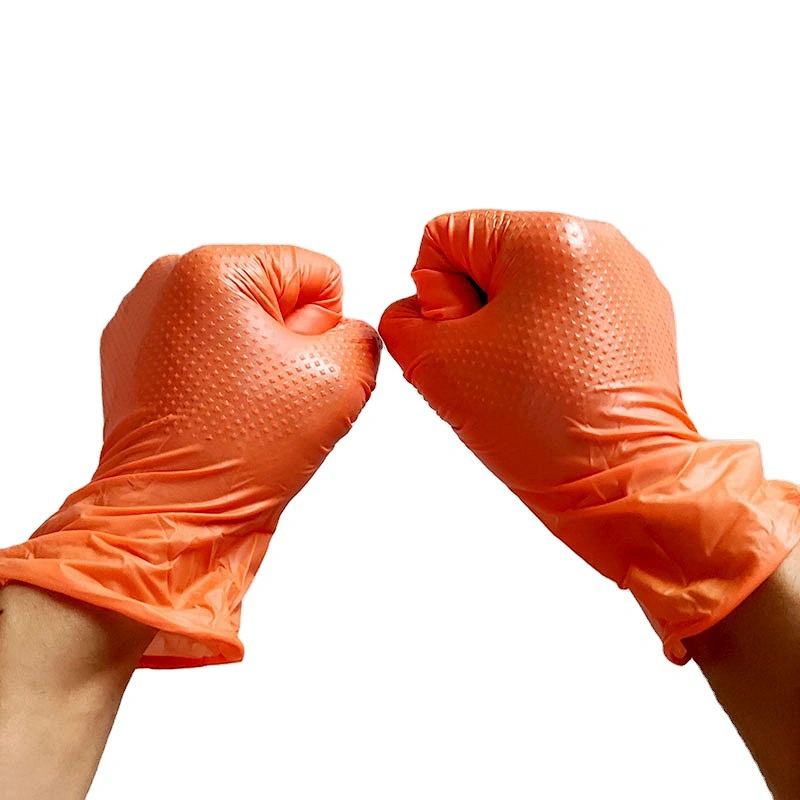 Wholesale Strong Orange Diamond Industrial  Nitrile Gloves Top Powder Free Disposable  Heavy Duty Nitrile Gloves