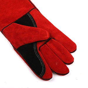 grade AB red custom cow split leather flannelette gauntlet hand safety worker welding gloves