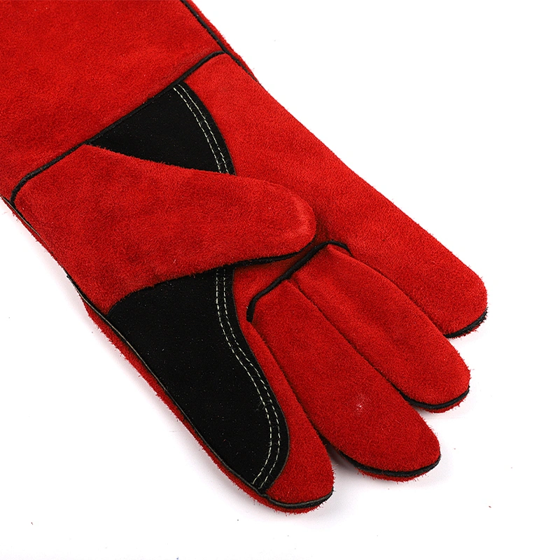 grade AB red custom cow split leather flannelette gauntlet hand safety worker welding gloves