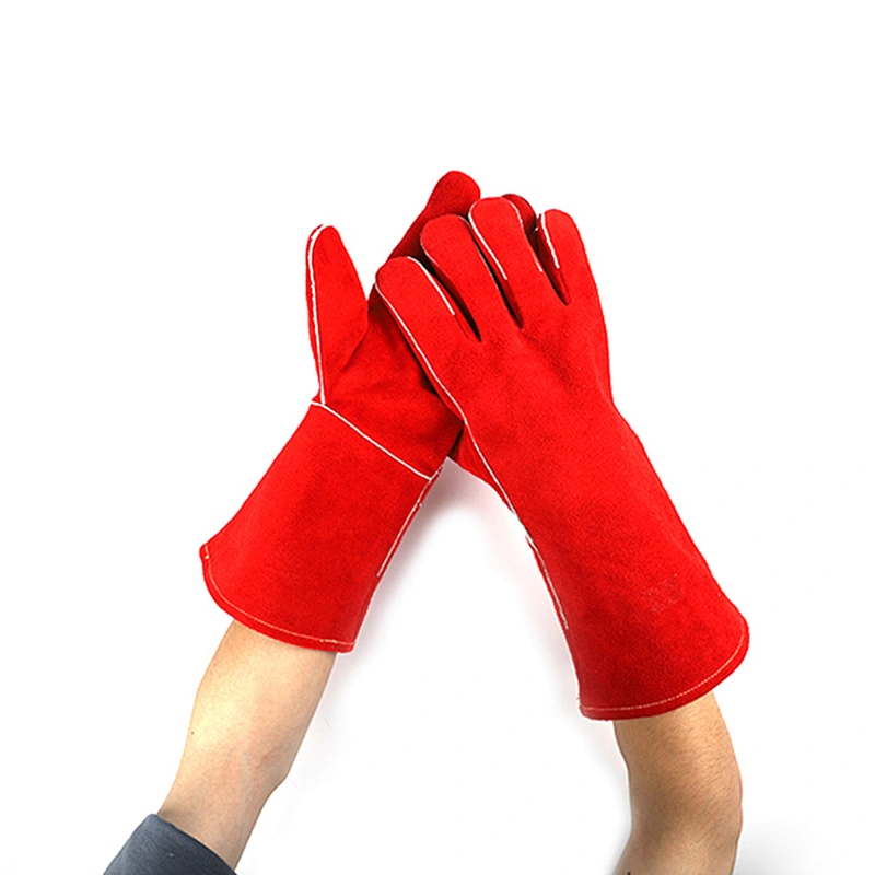 14 inch red ab grade fireproof cotton cow split leather safety welding gloves for laboratory