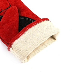grade AB red custom cow split leather flannelette gauntlet hand safety worker welding gloves