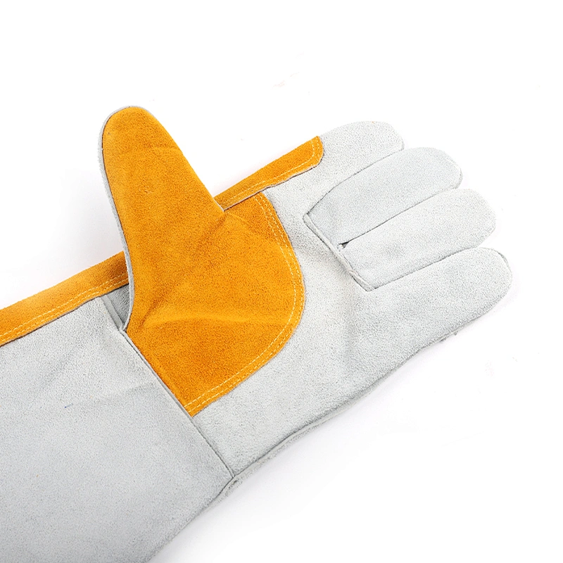 hot sale grade AB yellow gray abrasion resistant double palm hand welding glove for iron work