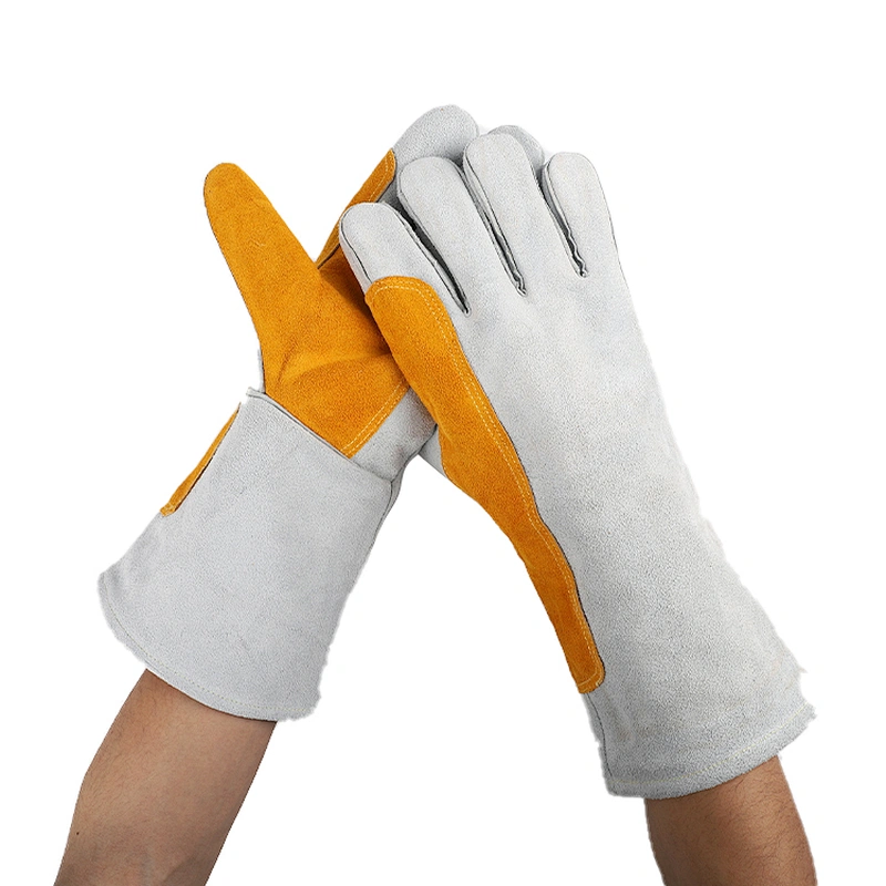 hot sale grade AB yellow gray abrasion resistant double palm hand welding glove for iron work