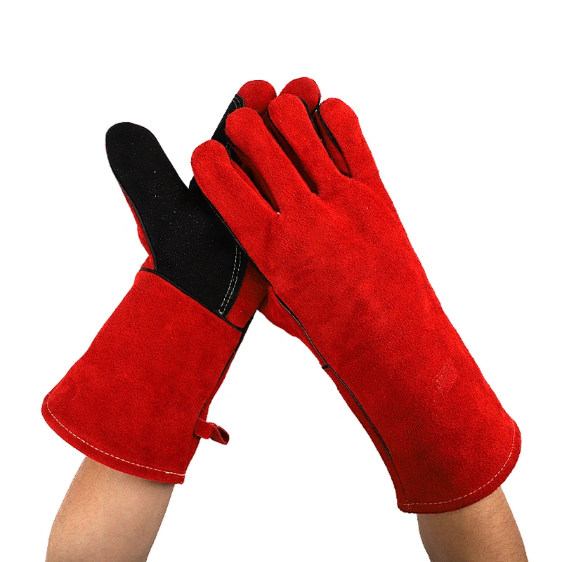 grade AB red custom cow split leather flannelette gauntlet hand safety worker welding gloves