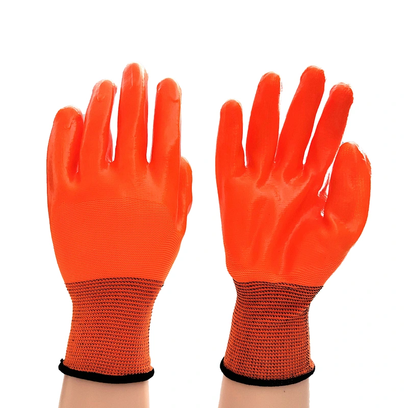 high quality orange polyester general maintenance safety  pvc gloves with long sleeve