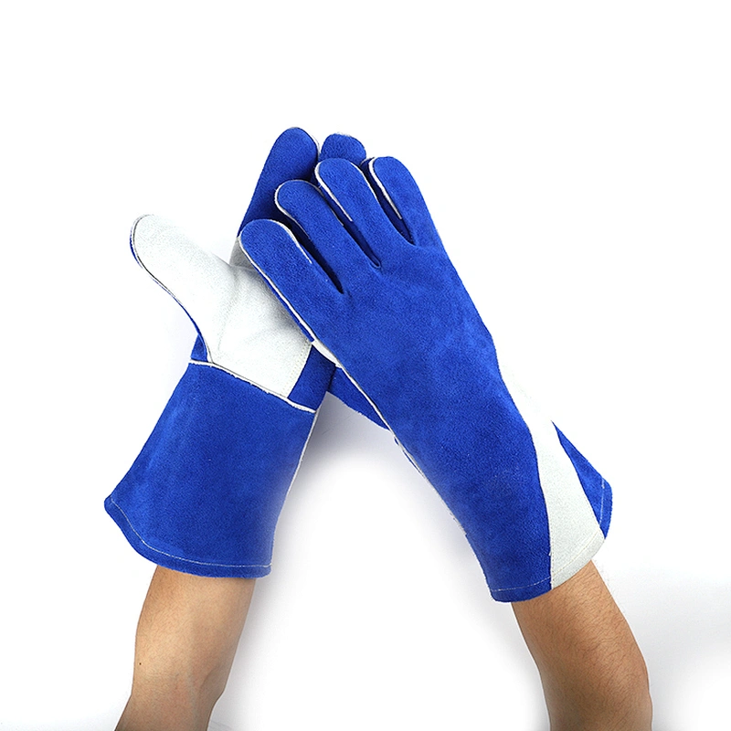 grade AB royal blue two long electric stick impact mechanic hand welding gloves made of cowhide