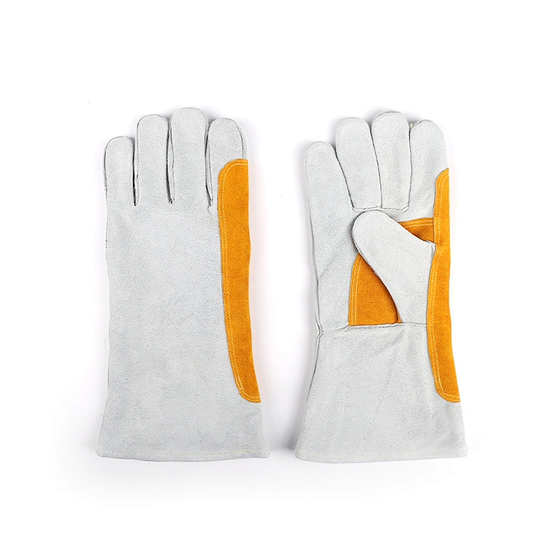 hot sale grade AB yellow gray abrasion resistant double palm hand welding glove for iron work