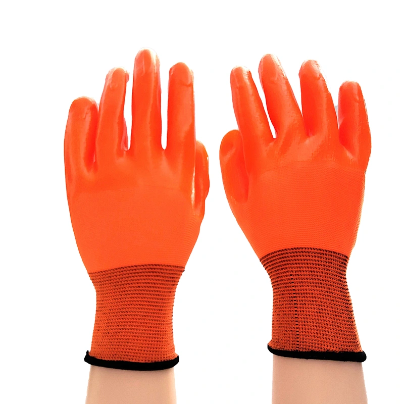 high quality orange polyester general maintenance safety  pvc gloves with long sleeve