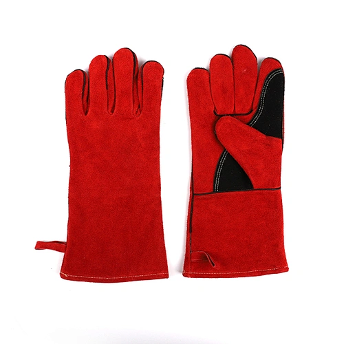grade AB red custom cow split leather flannelette gauntlet hand safety worker welding gloves