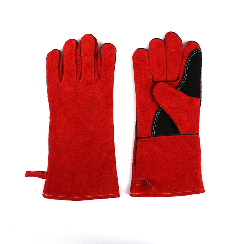 grade AB red custom cow split leather flannelette gauntlet hand safety worker welding gloves