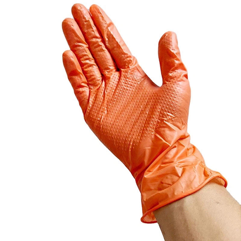 Biodegradable Safety Orange Pure Nitrile Gloves China Diamond Pattern Waterproof Comfortable Orange Gloves