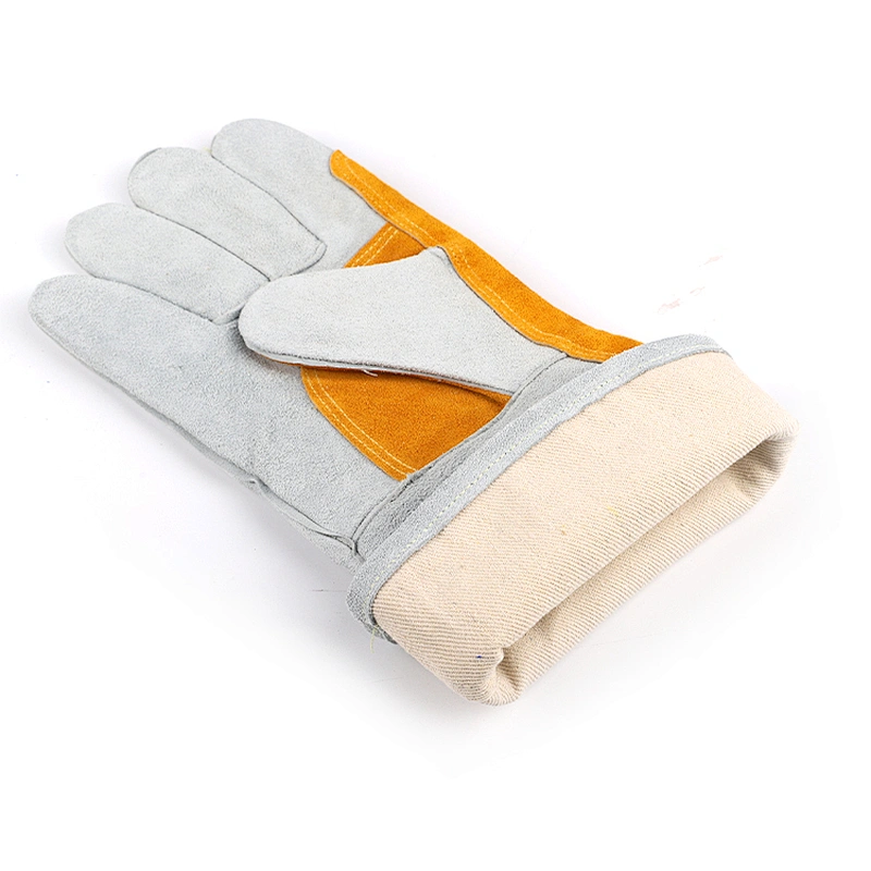 hot sale grade AB yellow gray abrasion resistant double palm hand welding glove for iron work