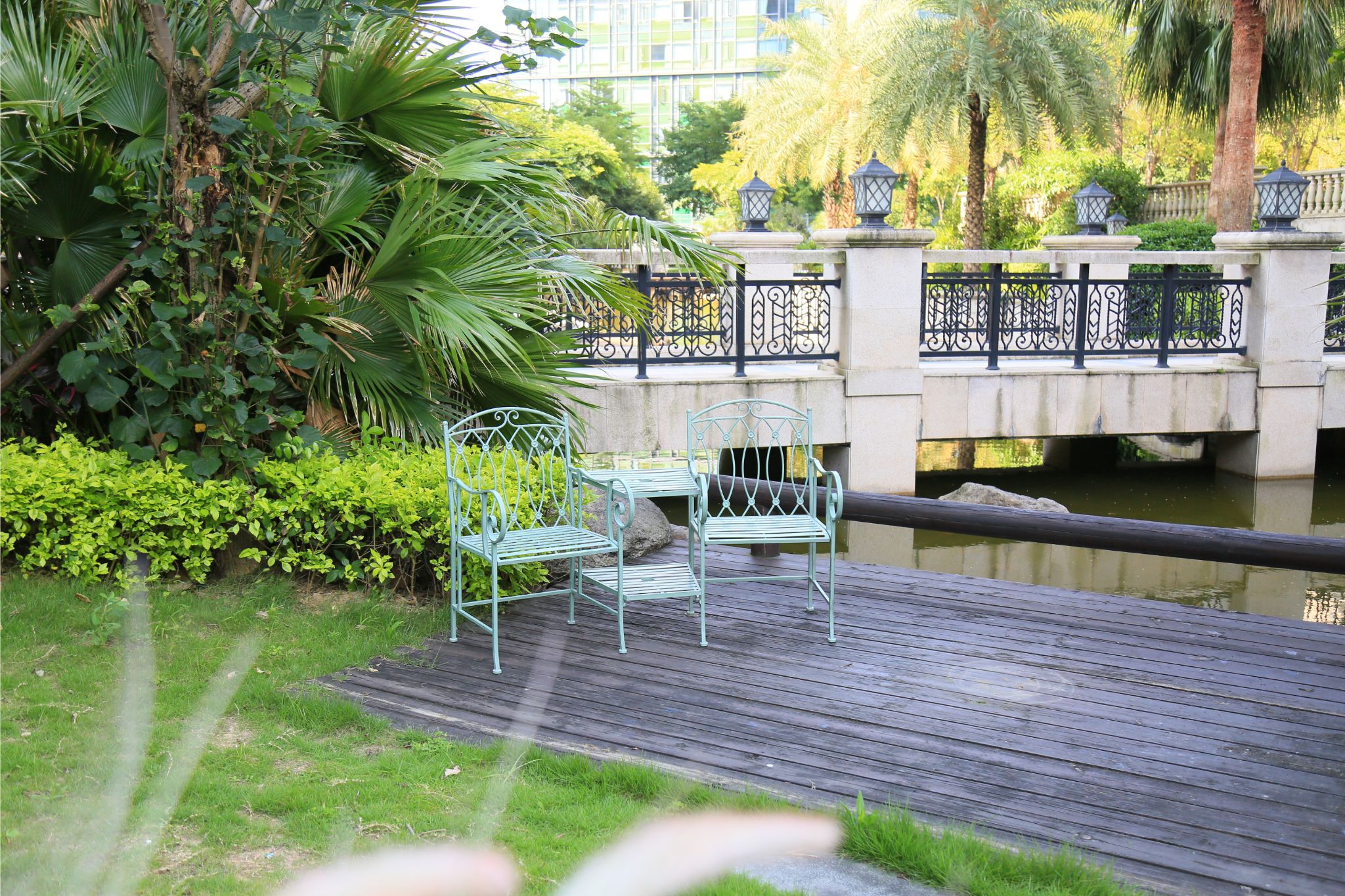 antique cast iron garden bench on a park patio