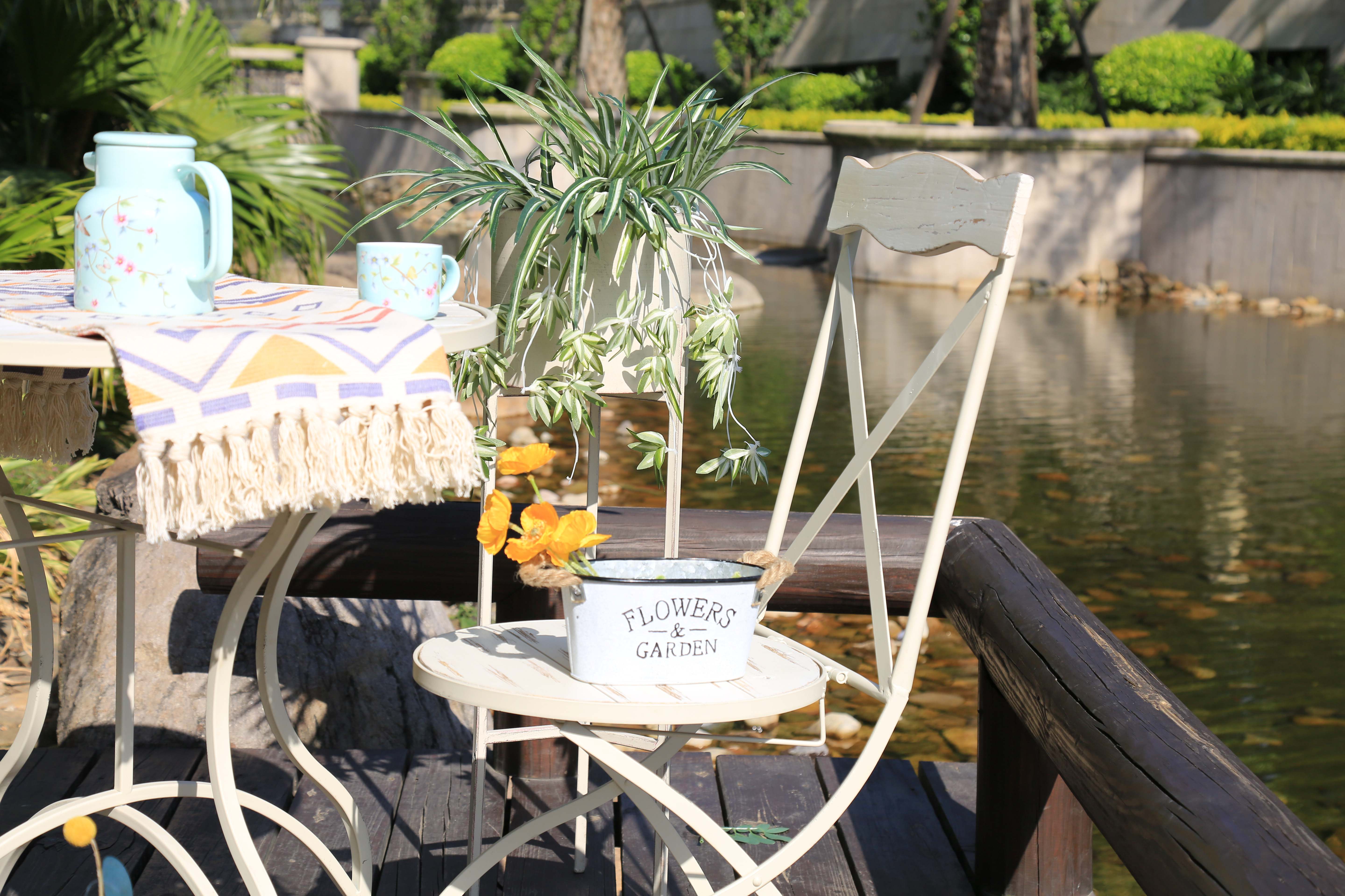 wooden bistro set wood picnic table wood outdoor dining set of Parisian Wooden Bistro Set at patio over the lake