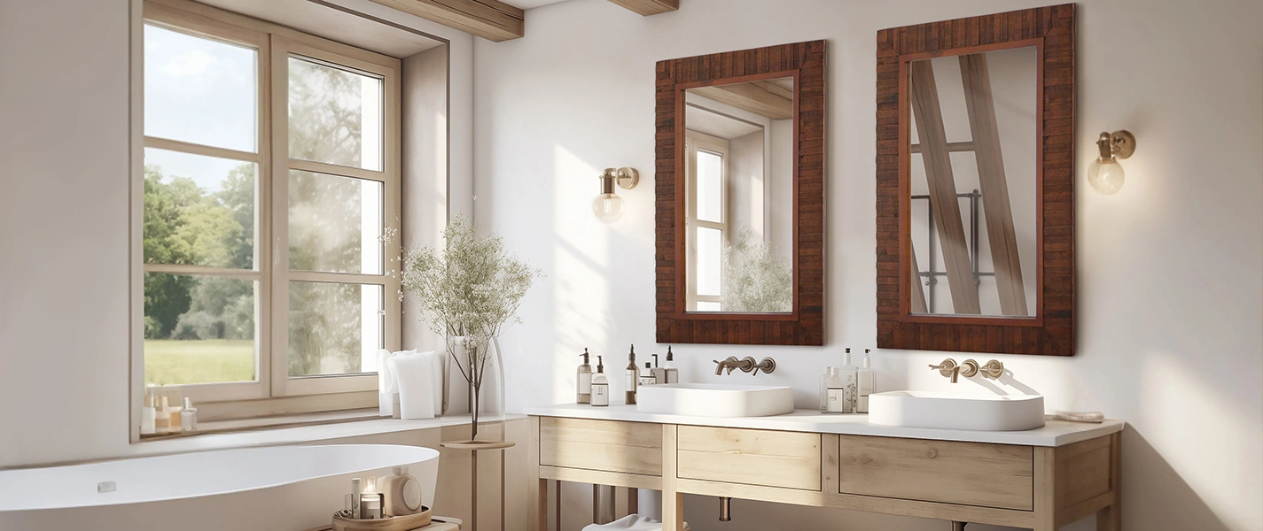 mirror in woods showing in a bathroom