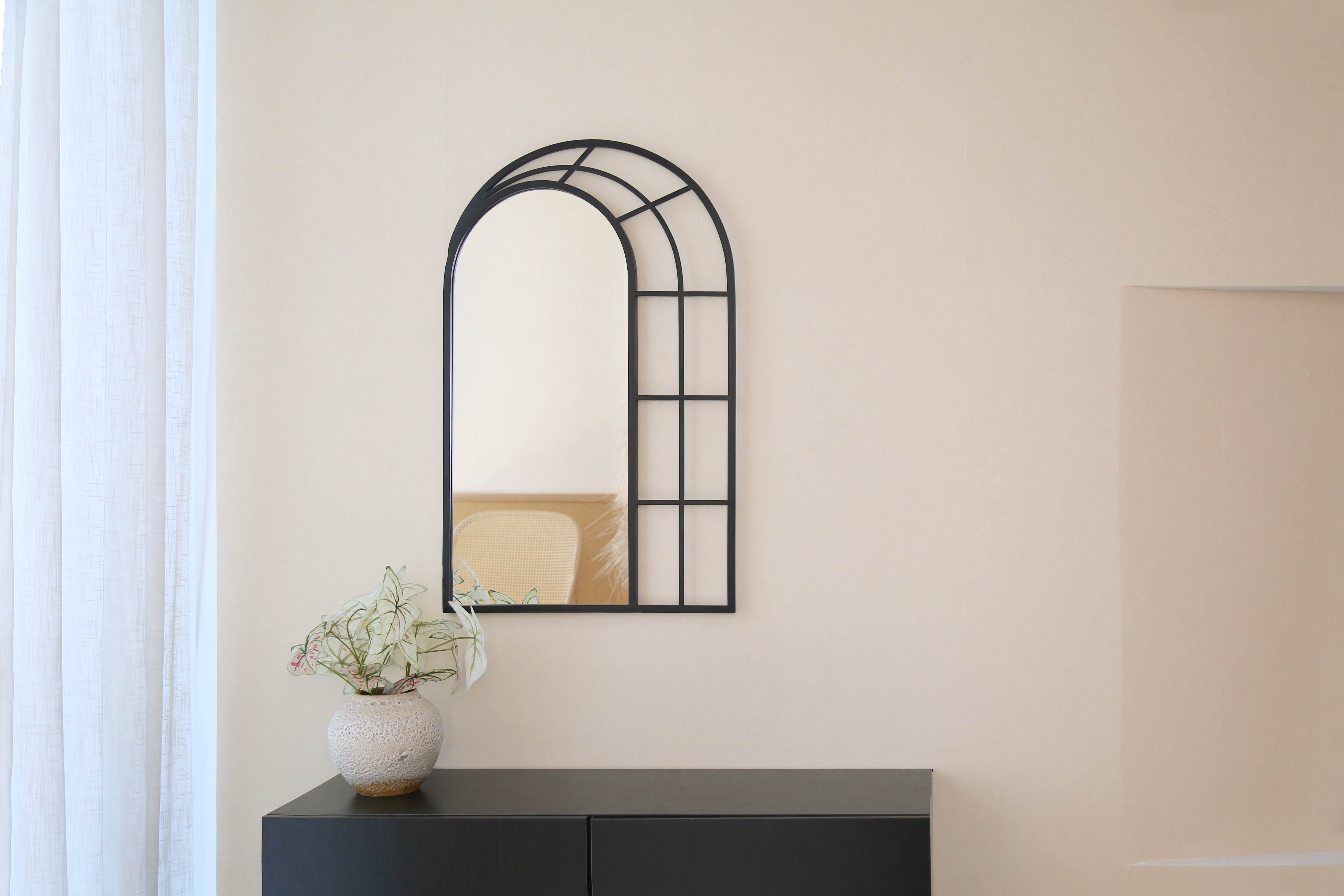 Ornate mirror on livingroom wall next to a beautiful plant