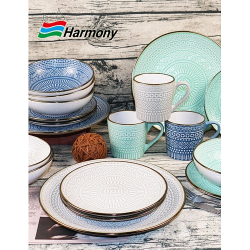Stoneware Embossed Dinnerware With Metallic Rim
