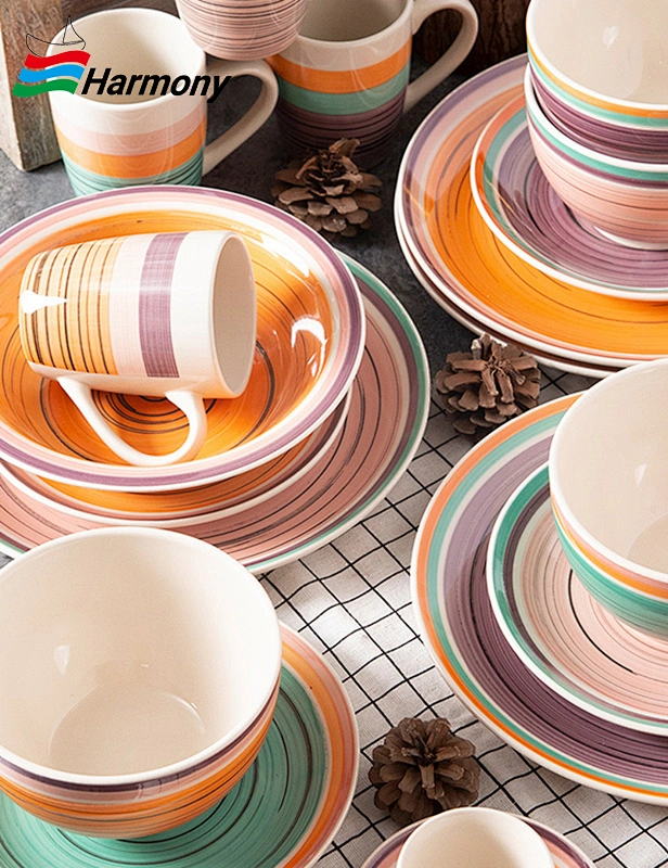 multicolor dinner set with brown line