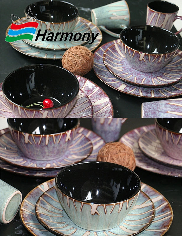 This embossed reactive color glaze stoneware dinner set can experience the perfect combination of kiln-varying glaze and relief design.
