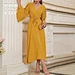 Spring Elegant Women Dot Pleated Trumpet Sleeve Overlap Collar Belted Dress