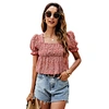 New Summer Elastic Back High Waist Buttons Slim Female T-shirt Fashion Crop Tops Ruffles Floral Women T-shirts