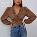 Summer Short Women Pullover Top All Over Print Buff Sleeve Brown Crop Blouse