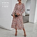 Fashion Boho Printed Full Sleeve Floral V-neck Ruffle Flounce Sleeve Midi Dress