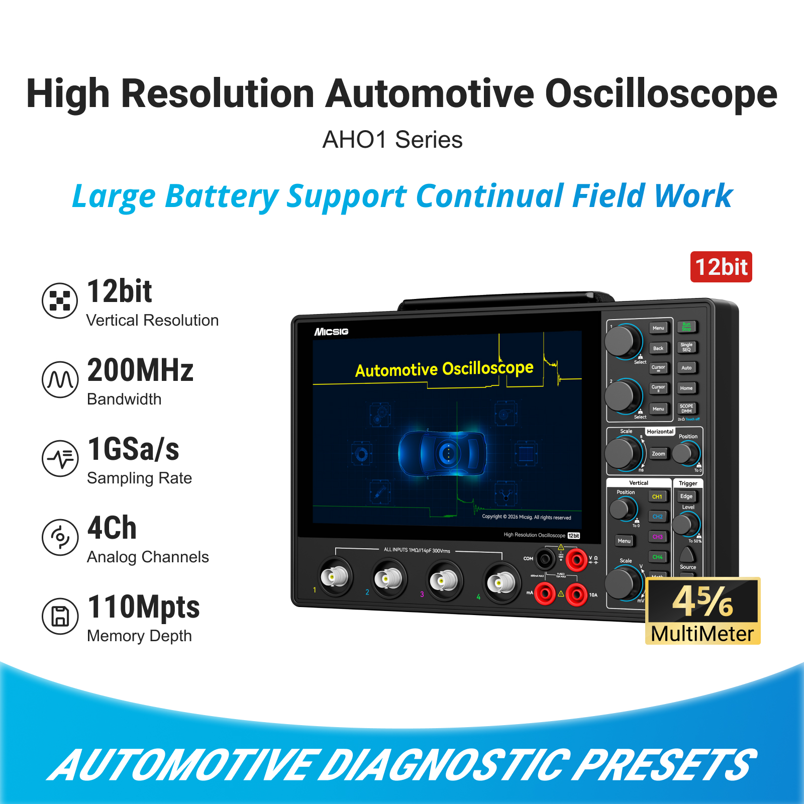 12-bit Micsig AHO1 Series Automotive Oscilloscope