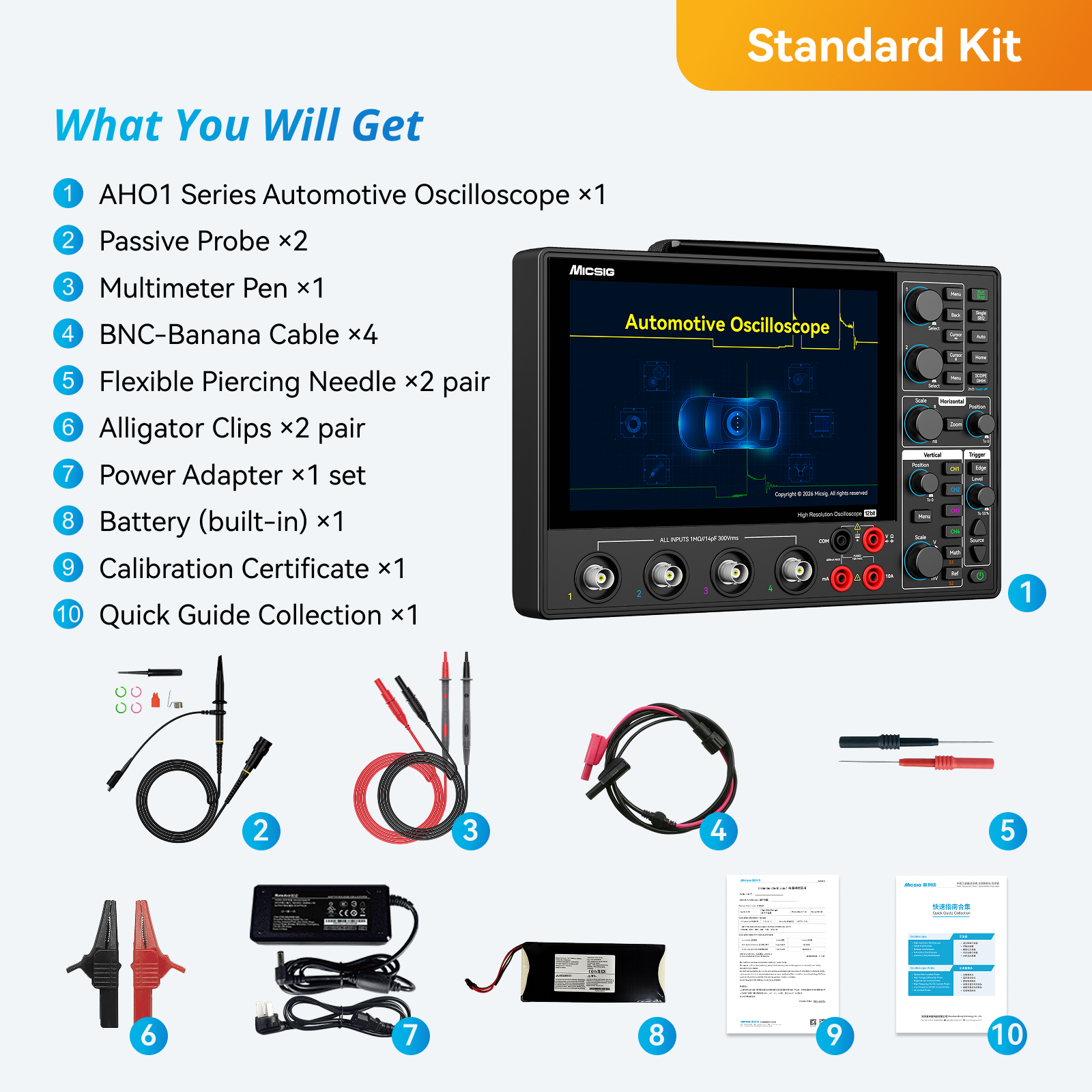 12-bit Micsig AHO1 Series Automotive Oscilloscope standard