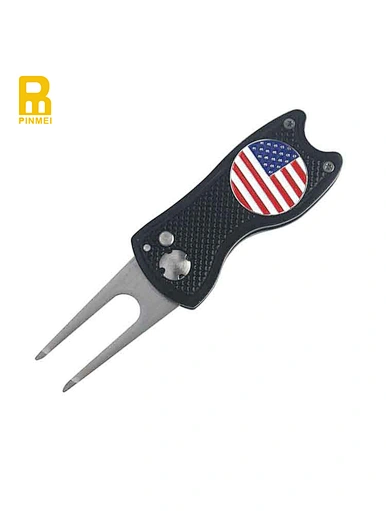 The Golf switchblade divot tool is a versatile and compact accessory for golfers. This tool features a switchblade mechanism that allows for easy opening and closing. It is designed to repair divots on the green efficiently.