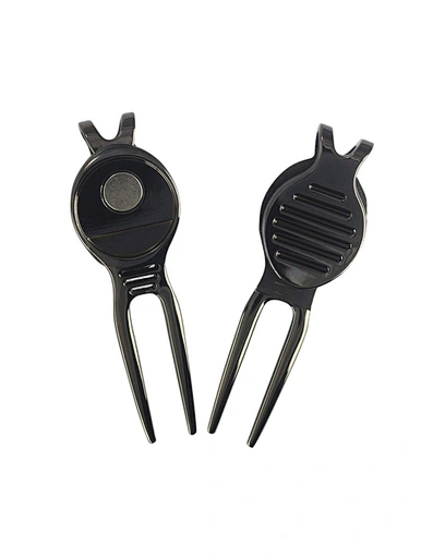 The golf tool is a versatile and essential accessory for golfers. It combines multiple functions in one compact device, such as a divot repair tool, ball marker, club brush, and groove cleaner.