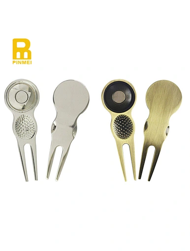 The golf divot fixer is a handy tool used to repair divots on the golf course. It features a sharp prong that is inserted into the turf around the damaged area.