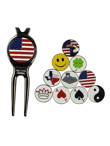 The golf divot repair tool and ball marker is a handy accessory for golfers. It is designed to fix the marks left on the green by golf balls and also serves as a marker to identify the position of the ball.