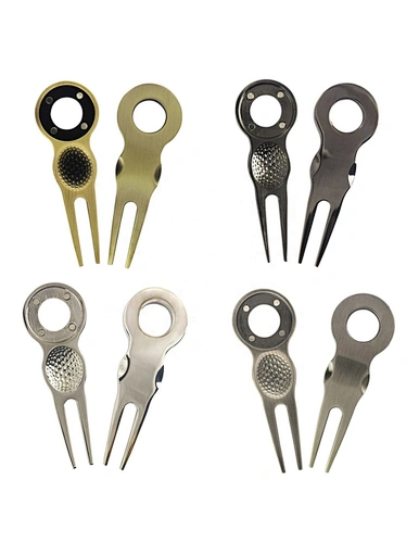 The ball marker divot repair tool is a small, handy device used in golf to mark the position of a ball and repair divots on the green. It is made of durable metal and has a sharp prong on one end for fixing the turf.