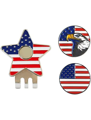 The golf magnetic hat clip is a convenient accessory for golfers. It securely holds a ball marker on the brim of a hat or visor, ensuring easy access during the game. The clip is made of durable metal and features a strong magnet.