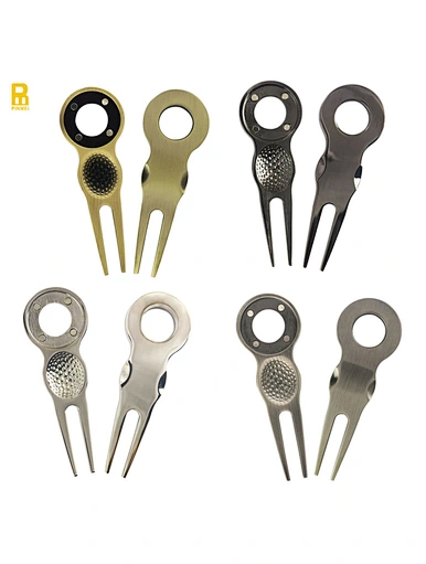 A divot tool with ball marker is a versatile accessory for golfers. This tool is used to repair divots on the green and also doubles as a ball marker. It conveniently attaches to a golfer's hat or belt for easy access.