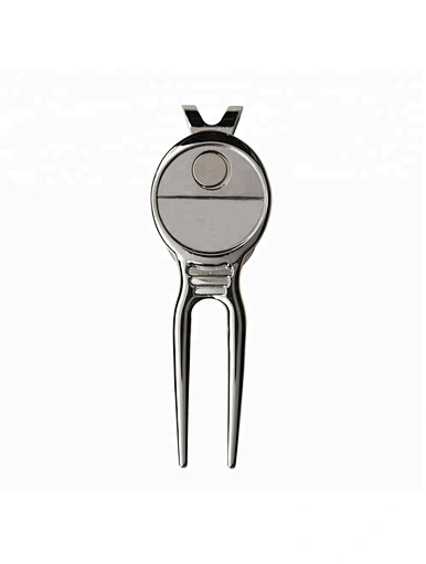 The golf divot repair tool is a small handheld device used to fix the marks or indentations made on the grass by golf clubs.