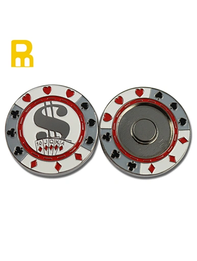 The poker chip with removable ball marker is a versatile accessory for golfers. This chip serves as a ball marker during play and can be easily detached for use in poker games. With its sleek design and convenient functionality.