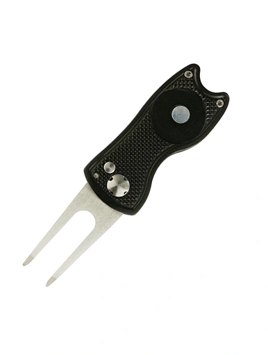 The switchblade golf divot tool is a handy and efficient accessory for golfers. With its sleek design and easy-to-use mechanism, it effortlessly repairs divots on the green. The switchblade feature allows for compact storage and quick deployment.