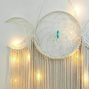 Moon Goddess Macrame Woven Wall Hanging, Boho Half Moon Large Dream Catcher