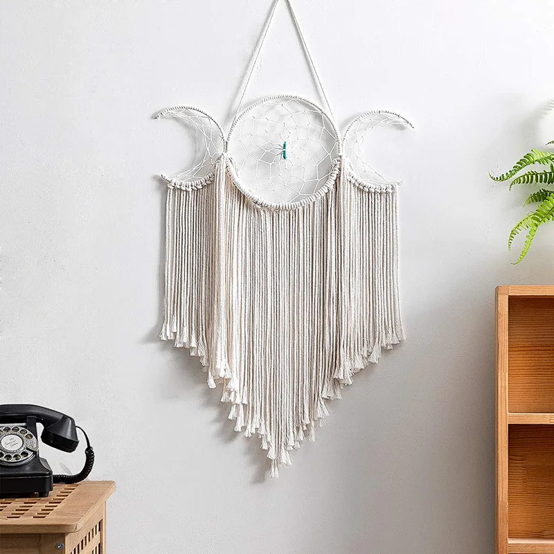 Moon Goddess Macrame Woven Wall Hanging, Boho Half Moon Large Dream Catcher