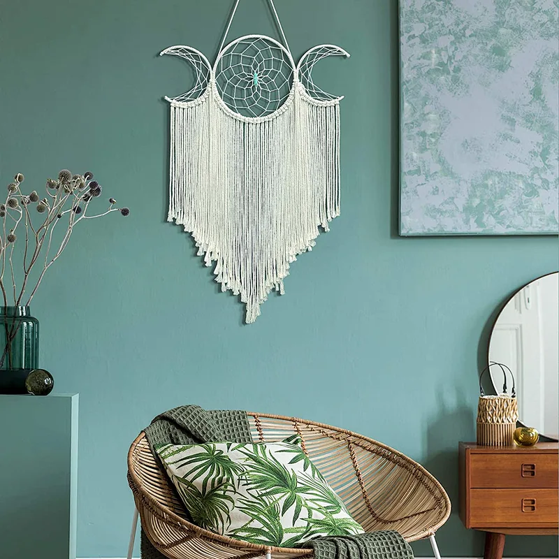 Moon Goddess Macrame Woven Wall Hanging, Boho Half Moon Large Dream Catcher