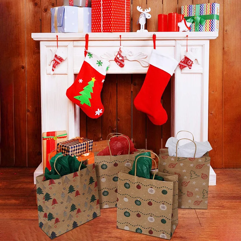 Medium Premium Christmas Gift Bags- Classic Variety Kraft Gift Bags Bulk Christmas Bags