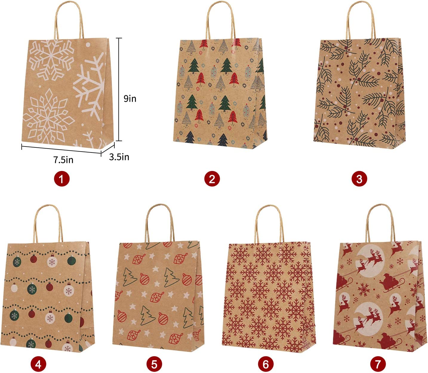 Medium Premium Christmas Gift Bags- Classic Variety Kraft Gift Bags Bulk Christmas Bags