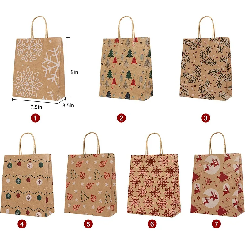 Medium Premium Christmas Gift Bags- Classic Variety Kraft Gift Bags Bulk Christmas Bags