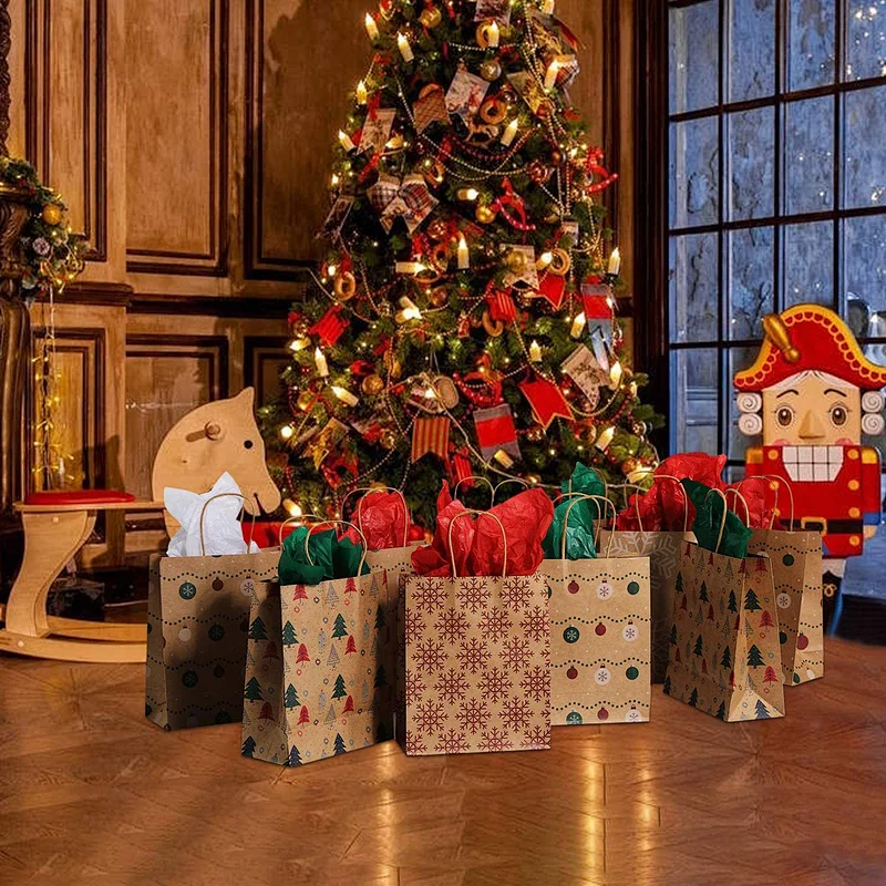 Medium Premium Christmas Gift Bags- Classic Variety Kraft Gift Bags Bulk Christmas Bags
